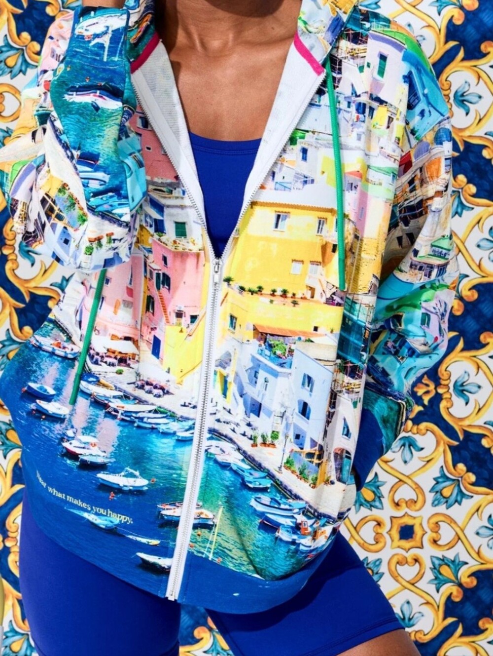 Terez Italian Port Colorful Coastal Print Zip-Up Hoodie Small NWT